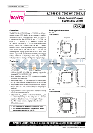 LC75833JE datasheet - 1/3 Duty General-Purpose LCD Display Drivers