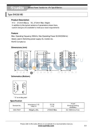 EI4036 datasheet - General Power Transformer <Pin Type: EI Series>