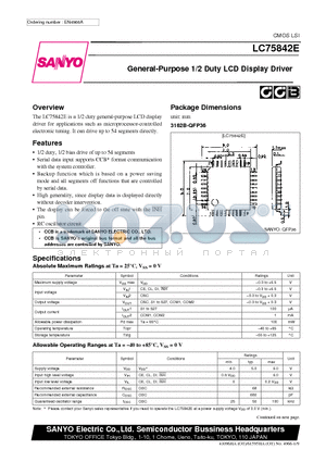 LC75842 datasheet - General-Purpose 1/2 Duty LCD Display Driver