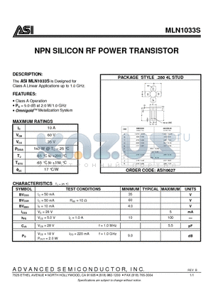 MLN1033S datasheet - NPN SILICON RF POWER TRANSISTOR