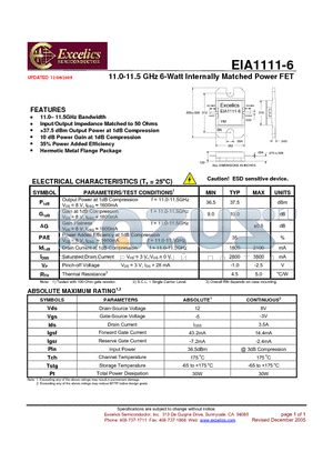 EIA1111-6 datasheet - 11.0-11.5 GHz 6-Watt Internally Matched Power FET
