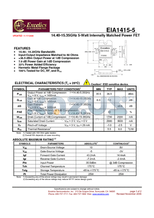 EIA1415-5 datasheet - 14.40-15.35GHz 5-Watt Internally Matched Power FET