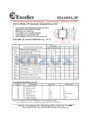 EIA1415A-2P datasheet - 14.0-15.35GHz, 2W Internally Matched Power FET