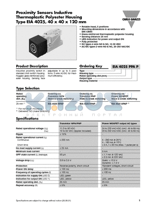 EIA4025PPAP datasheet - Proximity Sensors Inductive Thermoplastic Polyester Housing