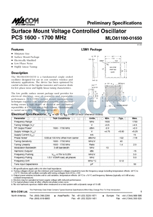 MLO81100-01650 datasheet - Surface Mount Voltage Controlled Oscillator PCS 1600 - 1700 MHz