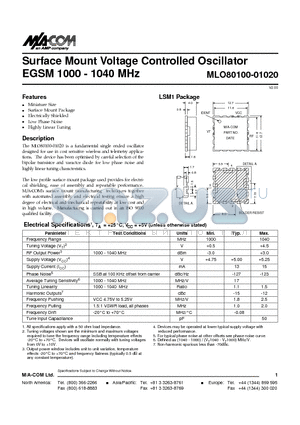 MLO80100-01020 datasheet - Surface Mount Voltage Controlled Oscillator EGSM 1000 - 1040 MHz
