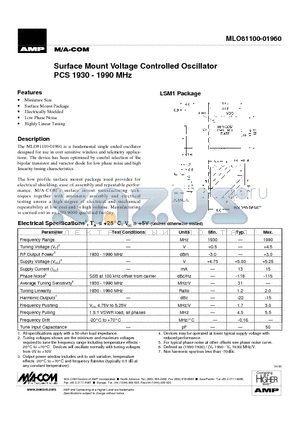 MLO81100-01960 datasheet - Surface Mount Voltage Controlled Oscillator PCS 1930 - 1990 MHz