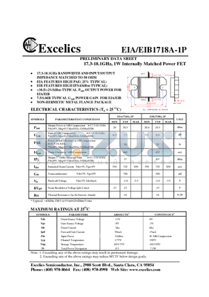 EIB1718A-1P datasheet - 17.3-18.1GHz, 1W Internally Matched Power FET