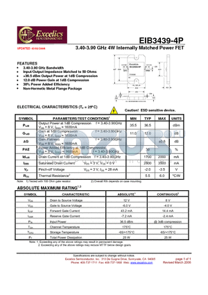 EIB3439-4P datasheet - 3.40-3.90 GHz 4W Internally Matched Power FET