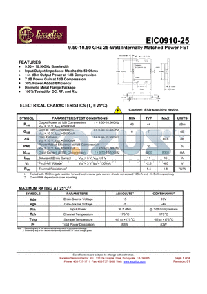 EIC0910-25 datasheet - 9.50-10.50 GHz 25-Watt Internally Matched Power FET