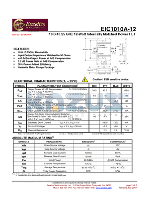 EIC1010A-12 datasheet - 10.0-10.25 GHz 12-Watt Internally Matched Power FET