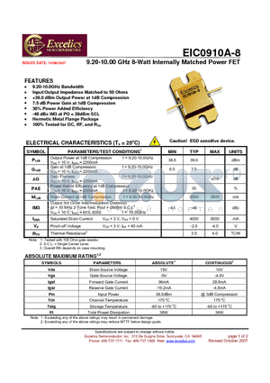 EIC0910A-8 datasheet - 9.20-10.00 GHz 8-Watt Internally Matched Power FET