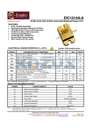 EIC1010A-8 datasheet - 10.00-10.25 GHz 8-Watt Internally Matched Power FET