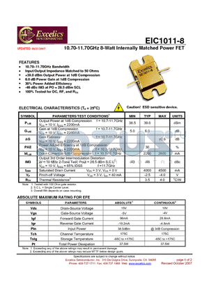 EIC1011-8 datasheet - 10.70-11.70GHz 8-Watt Internally Matched Power FET