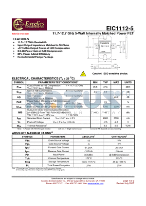 EIC1112-5 datasheet - 11.7-12.7 GHz 5-Watt Internally Matched Power FET