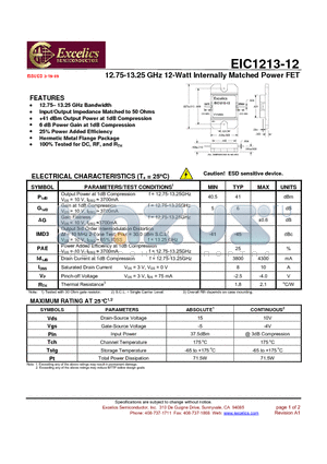 EIC1213-12 datasheet - 12.75-13.25 GHz 12-Watt Internally Matched Power FET