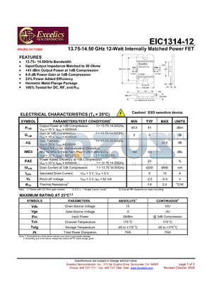 EIC1314-12 datasheet - 13.75-14.50 GHz 12-Watt Internally Matched Power FET