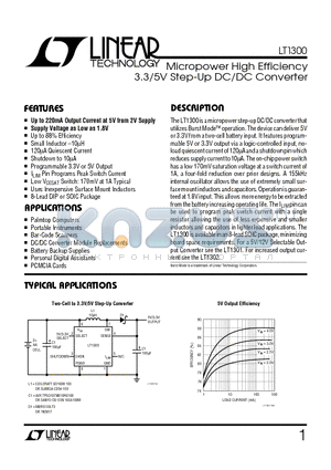 LT1300CN8 datasheet - Micropower High Efficiency 3.3/5V Step-Up DC/DC Converter