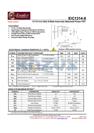 EIC1314-8 datasheet - 13.75-14.5 GHz 8-Watt Internally Matched Power FET