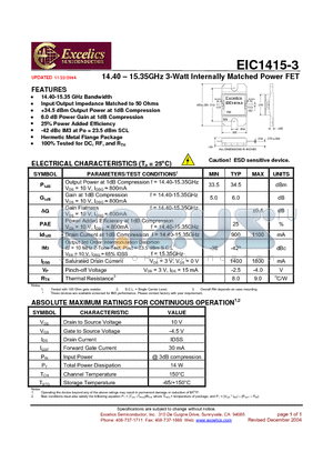 EIC1415-3 datasheet - 14.40-15.35GHz 3-Watt Internally Matched Power FET