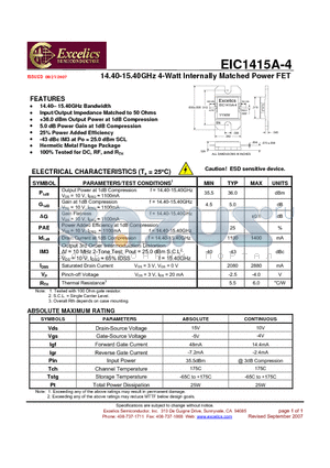 EIC1415A-4 datasheet - 14.40-15.40GHz 4-Watt Internally Matched Power FET