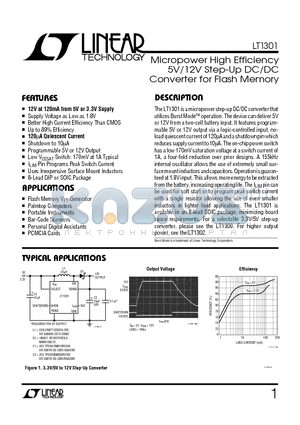 LT1301IS8 datasheet - Micropower High Efficiency 5V/12V Step-Up DC/DC Converter for Flash Memory