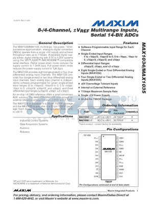 MAX1034EUG datasheet - 8-/4-Channel, aVREF Multirange Inputs, Serial 14-Bit ADCs