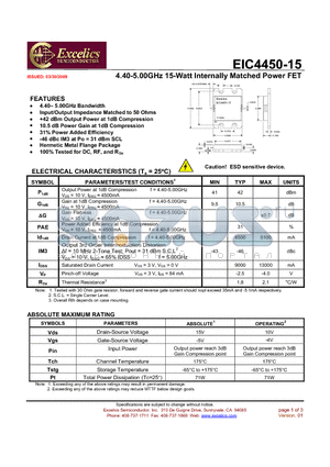 EIC4450-15 datasheet - 4.40-5.00GHz 15-Watt Internally Matched Power FET