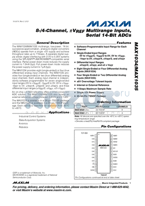 MAX1034 datasheet - 8-/4-Channel, aVREF Multirange Inputs,Serial 14-Bit ADCs