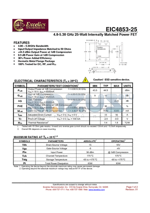 EIC4853-25 datasheet - 4.8-5.30 GHz 25-Watt Internally Matched Power FET