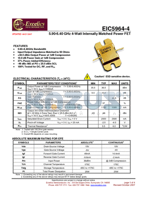 EIC5964-4 datasheet - 5.90-6.40 GHz 4-Watt Internally Matched Power FET