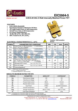 EIC5964-5 datasheet - 5.90-6.40 GHz 5-Watt Internally Matched Power FET