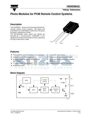 HS0038A2 datasheet - Photo Modules for PCM Remote Control Systems