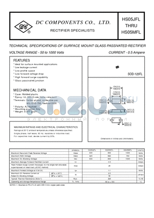 HS05MFL datasheet - TECHNICAL SPECIFICATIONS OF SURFACE MOUNT GLASS PASSIVATED RECTIFIER VOLTAGE RANGE - 50 to 1000 Volts