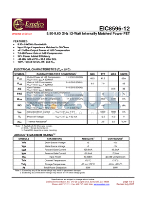 EIC8596-12 datasheet - 8.50-9.60 GHz 12-Watt Internally Matched Power FET