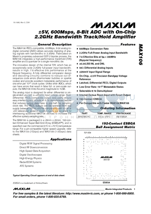MAX106 datasheet - a5V, 600Msps, 8-Bit ADC with On-Chip 2.2GHz Bandwidth Track/Hold Amplifier