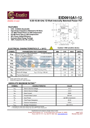 EID0910A1-12 datasheet - 9.50-10.50 GHz 12-Watt Internally Matched Power FET