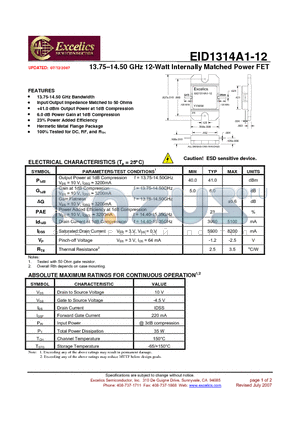 EID1314A1-12 datasheet - 13.75-14.50 GHz 12-Watt Internally Matched Power FET