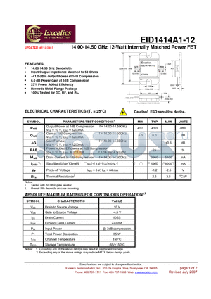 EID1414A1-12 datasheet - 14.00-14.50 GHz 12-Watt Internally Matched Power FET