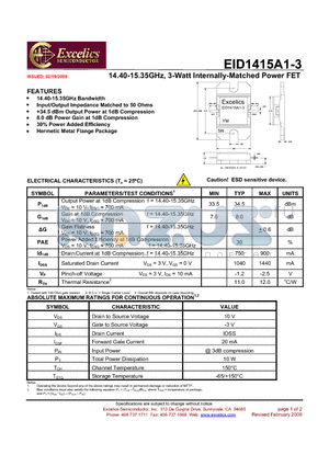 EID1415A1-3 datasheet - 14.40-15.35GHz, 3-Watt Internally-Matched Power FET