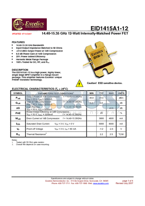 EID1415A1-12 datasheet - 14.40-15.35 GHz 12-Watt Internally-Matched Power FET