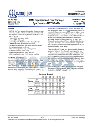 GS8320Z18GT-250IV datasheet - 36Mb Pipelined and Flow Through Synchronous NBT SRAMs