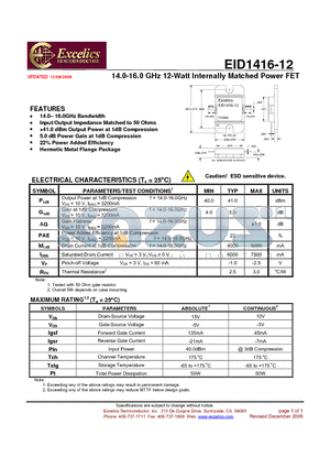 EID1416-12 datasheet - 14.0-16.0 GHz 12-Watt Internally Matched Power FET