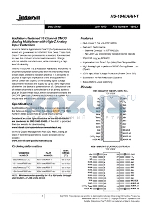 HS1-1840ARH datasheet - Radiation Hardened 16 Channel CMOS Analog Multiplexer with High-Z Analog Input Protection