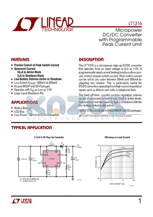 LT1316 datasheet - Micropower DC/DC Converter with Programmable Peak Current Limit