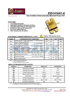 EID1416A1-8 datasheet - 14.0-16.0GHz 8-Watt Internally-Matched Power FET