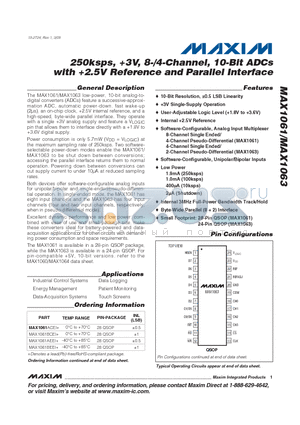 MAX1063AEEG+ datasheet - 250ksps, 3V, 8-/4-Channel, 10-Bit ADCs with 2.5V Reference and Parallel Interface