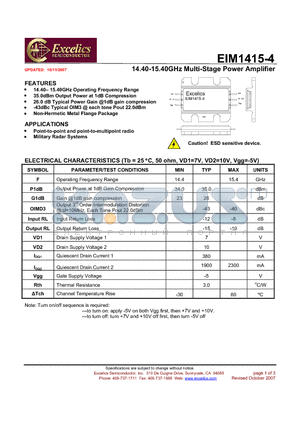 EIM1415-4 datasheet - 14.40-15.40GHz Multi-Stage Power Amplifier