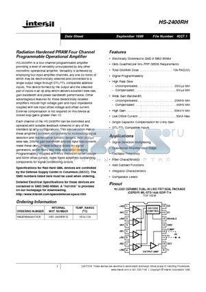 HS1-2400RH-Q datasheet - Radiation Hardened PRAM Four Channel Programmable Operational Amplifier