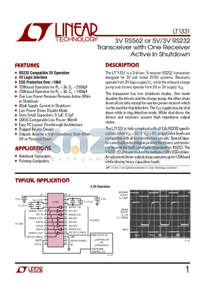 LT1331CNW datasheet - 3V RS562 or 5V/3V RS232 Transceiver with One Receiver Active in Shutdown